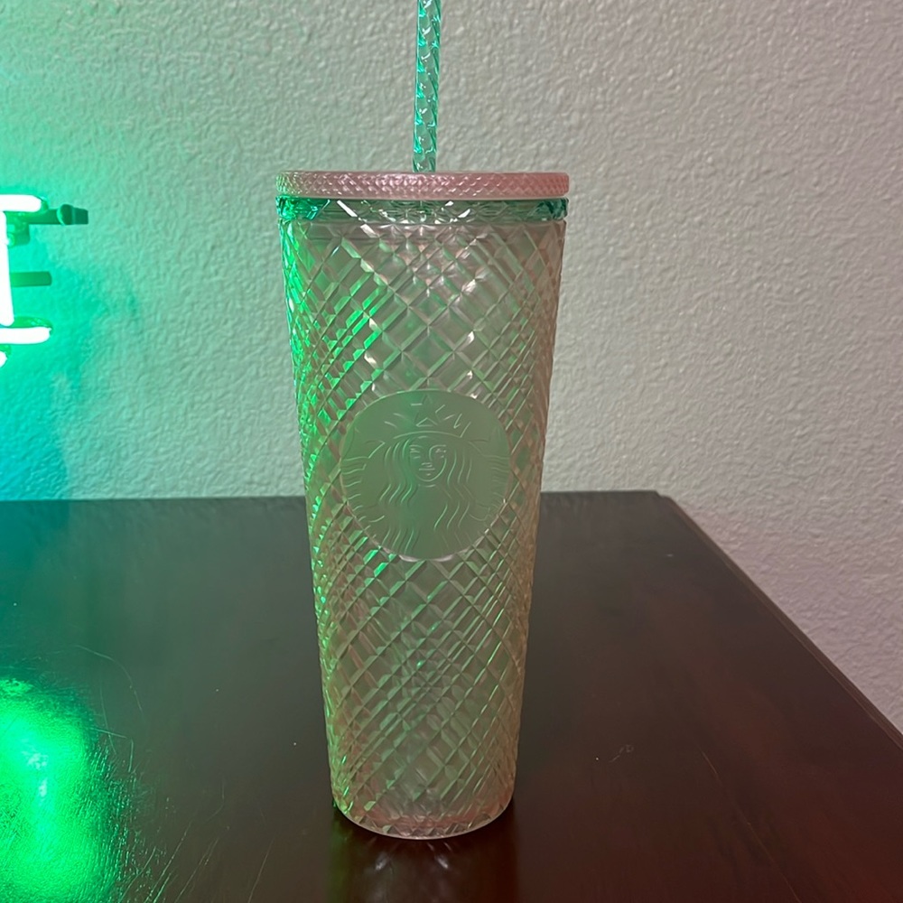 StarBucks 2023 Summer Edition Jeweled Pearl Pink/Green 24oz Cup Tumbler & Straw